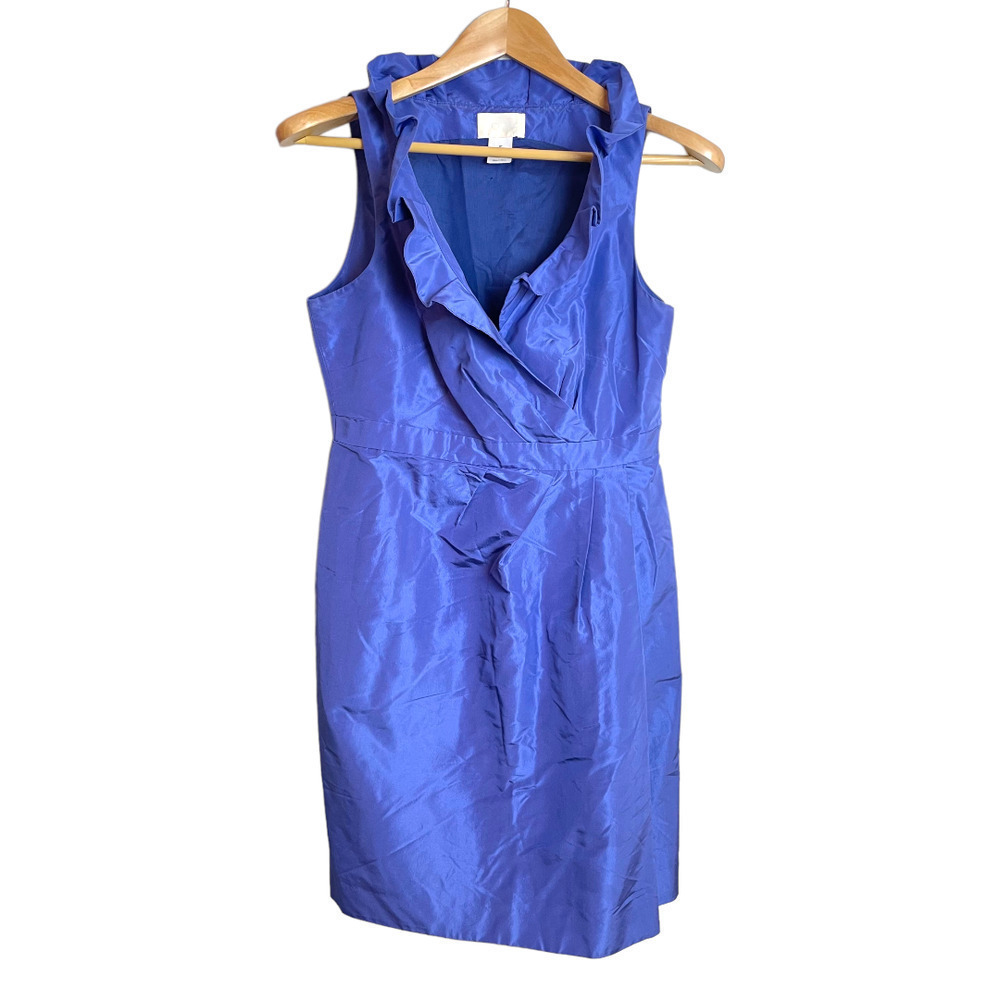 𝅺j CREW Blakely Blue Silk Taffeta Gathered Ruffled Wrap Dress Women 8 P